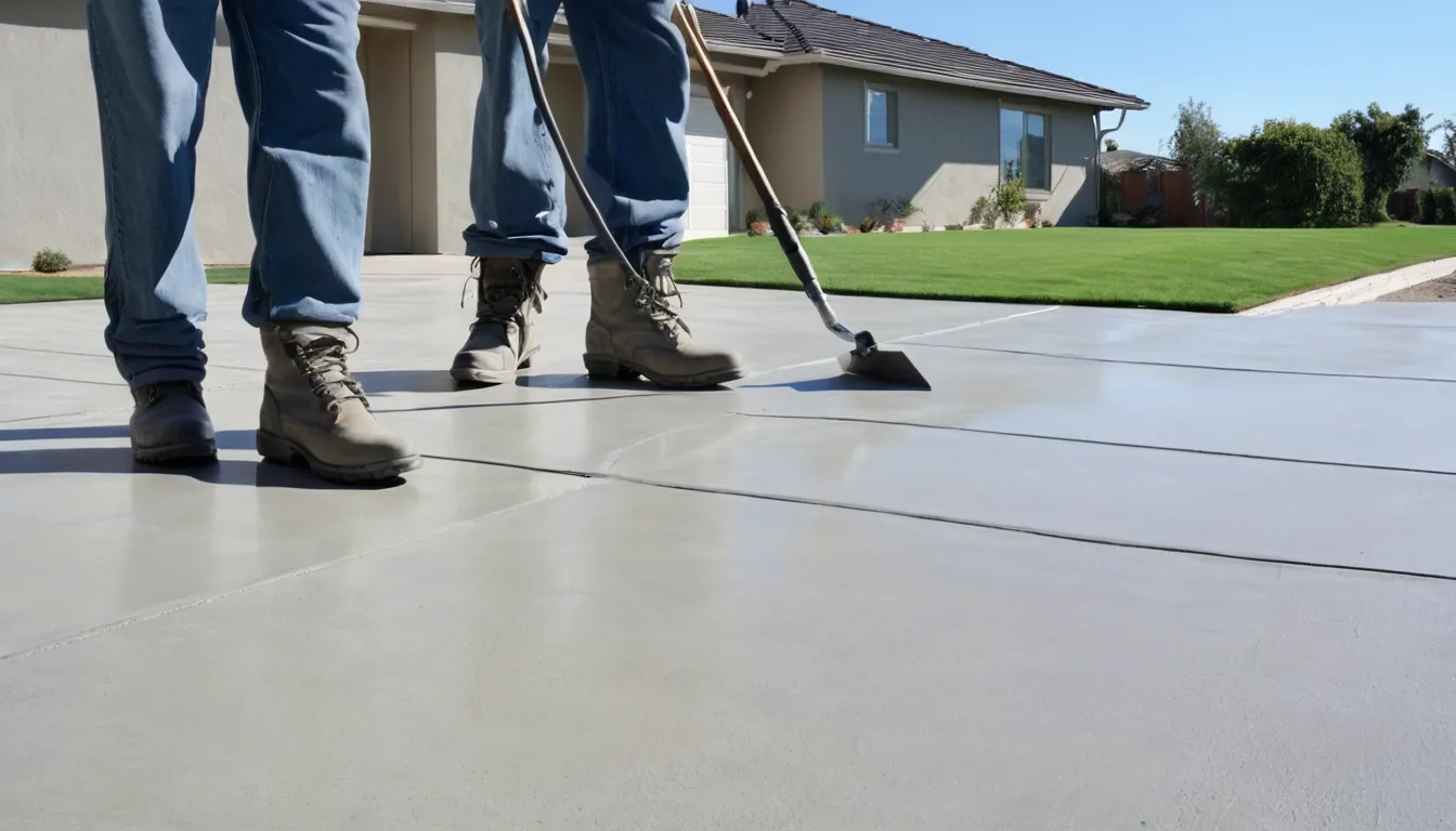 A freshly poured broom-finished concrete driveway beside a stucco ranch home in San Diego
