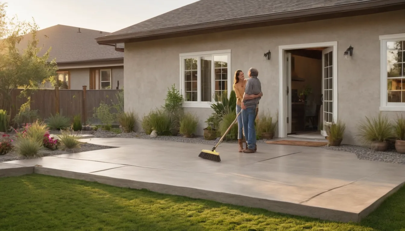 Homeowners looking at a newly poured concrete patio behind a stucco home in the San Diego area