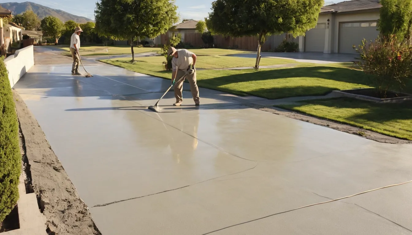 A freshly poured concrete driveway in front of a stucco ranch home in San Diego