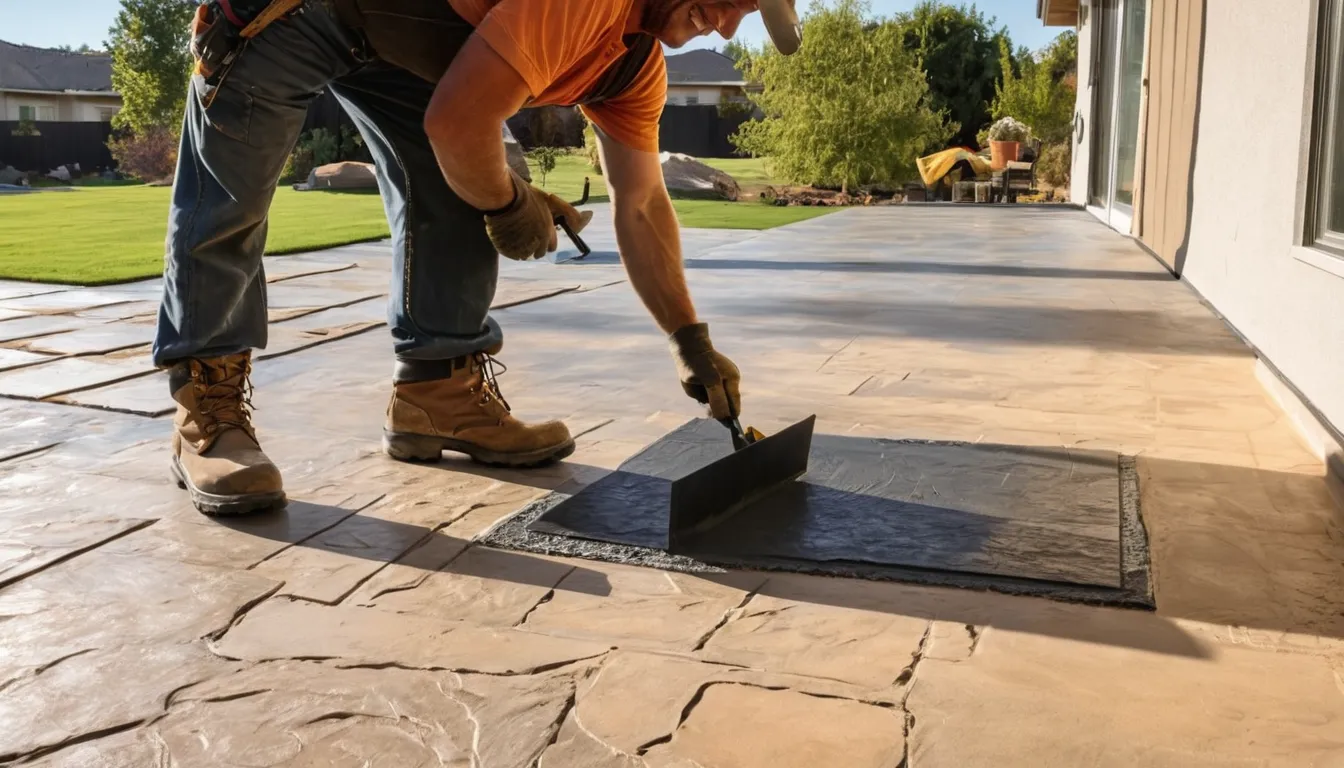 Independent provider pressing a stone pattern into a fresh stamped concrete patio at a San Diego home